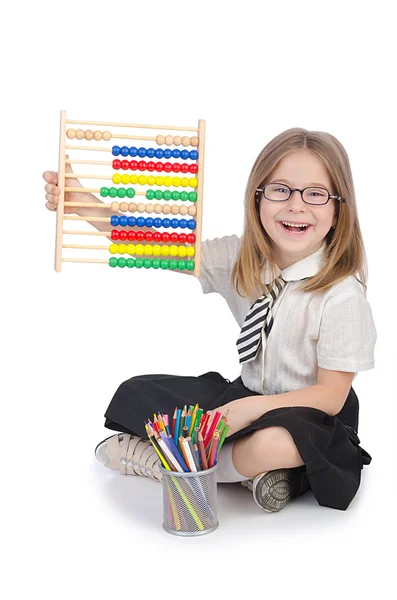 Girl with abacus on white — Stock Photo, Image