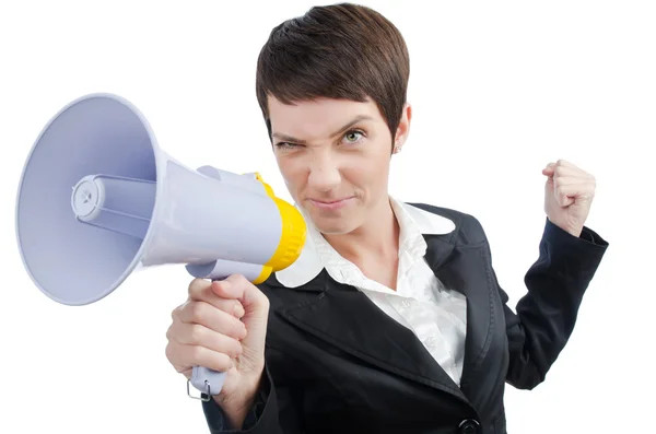 Young business lady screaming to loudspeaker — Stock Photo, Image
