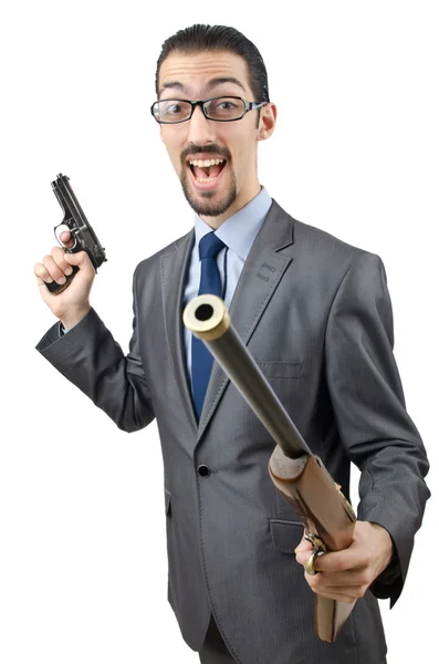 Empresário com arma isolada em branco — Fotografia de Stock