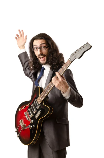 Gitarrist im Business-Anzug auf Weiß — Stockfoto
