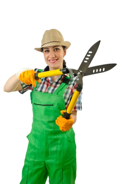 Девушка с садовыми ножницами на белом — стоковое фото