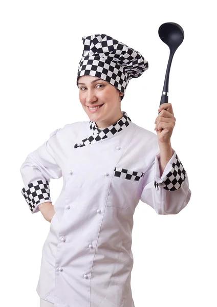 Köchin mit Schöpfkelle auf Weiß — Stockfoto