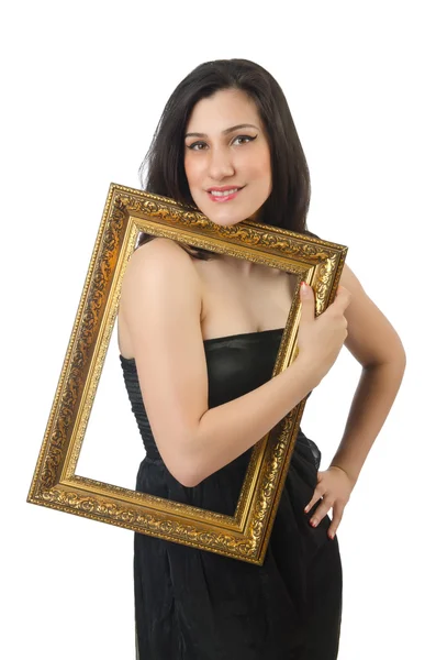 Mujer con marco de imagen en blanco — Foto de Stock