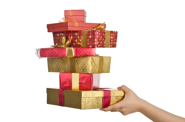 Hand holding stack of giftboxes — Stock Photo, Image