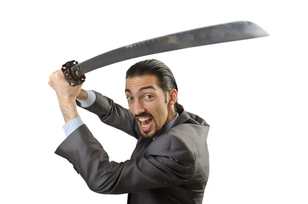 Podnikatel s mečem na bílém pozadí — Stock fotografie