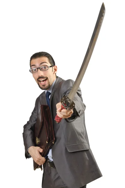Podnikatel s mečem na bílém pozadí — Stock fotografie