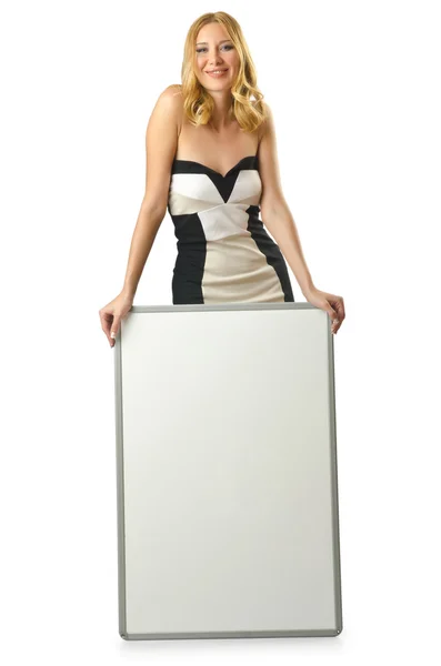 Frau mit leerem Brett auf weiß — Stockfoto