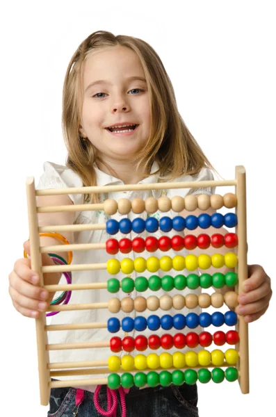 Meisje met abacus op wit — Stockfoto