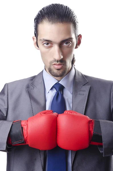 Бизнесмен в боксе концепции на белом — стоковое фото