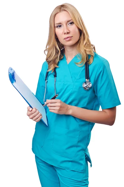 Doktor üzerine beyaz izole kadın attrative — Stok fotoğraf