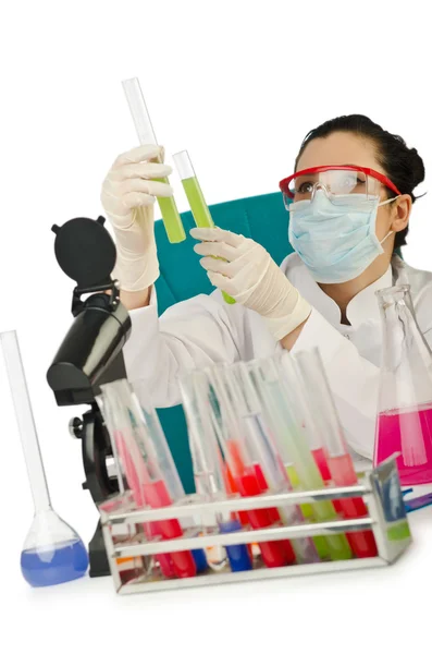 Química femenina en estudio sobre blanco — Foto de Stock