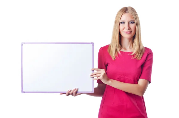 Girl with blank board on white — Stock Photo, Image