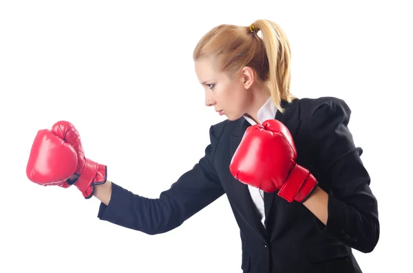 Beyaz izole kadın boksör — Stok fotoğraf