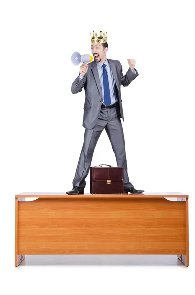 Hombre en el escritorio gritando altavoz —  Fotos de Stock