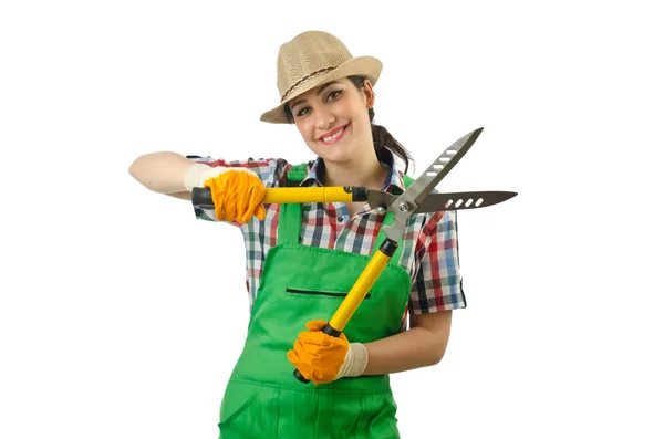 Девушка с садовыми ножницами на белом — стоковое фото