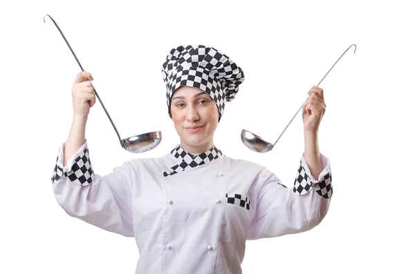 Жінка готує з соломинкою на білому — стокове фото
