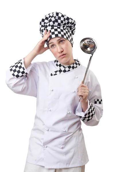 Nő szakács merőkanál fehér — Stock Fotó
