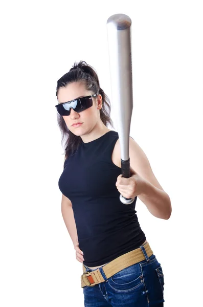Woman criminal with bat on white — Stock Photo, Image