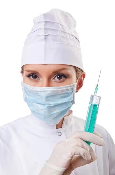 Woman doctor with syringe on white Stock Image