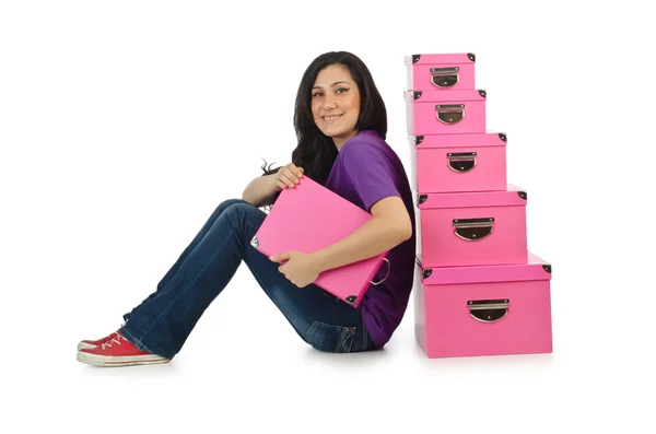 Mädchen mit Stapel von Geschenkboxen — Stockfoto