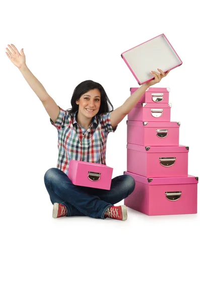 Girl with stack of giftboxes — Stock Photo, Image