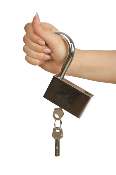 Hand with padlock isolated on white — Stock Photo, Image