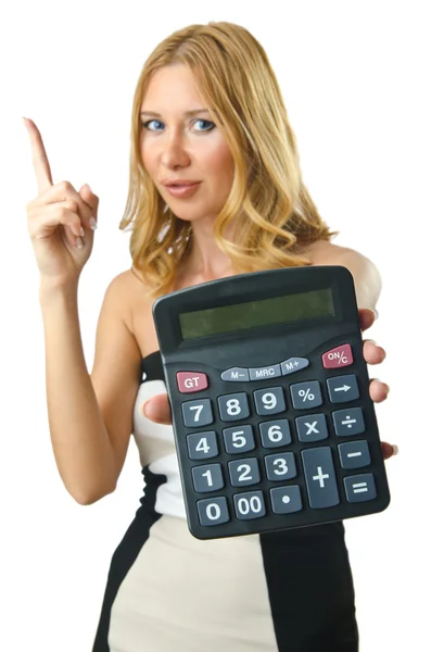 Женщина-бухгалтер с калькулятором на белом — стоковое фото