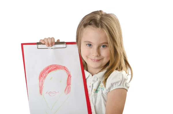 Chica con su dibujo en blanco — Foto de Stock