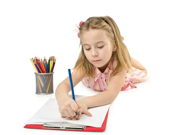 Klein meisje schrijven op wit — Stockfoto