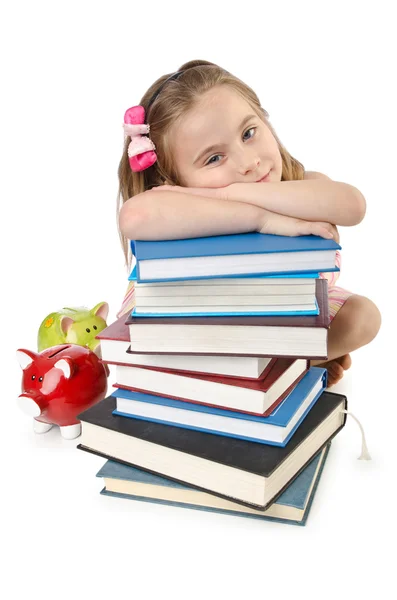 Маленька дівчинка з книгами на білому — стокове фото