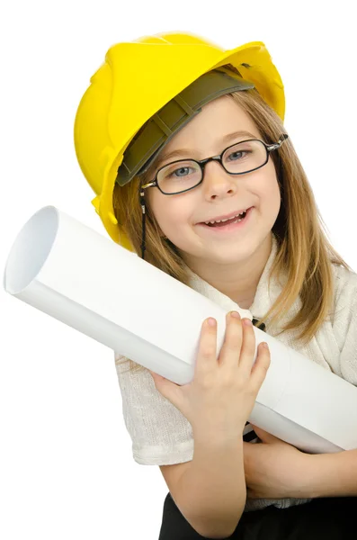 Cute girl with helmet on white — Stock Photo, Image