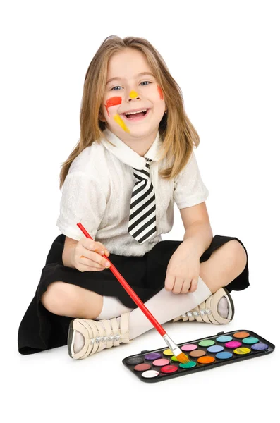 Cute girl with paint on white — Stock Photo, Image