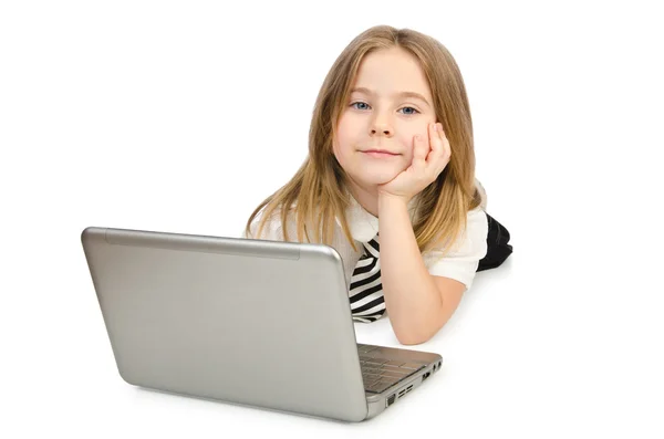 Niedliches Mädchen mit Laptop auf weiß — Stockfoto