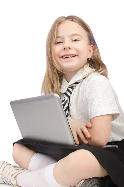 Cute girl with laptop on white — Stock Photo, Image