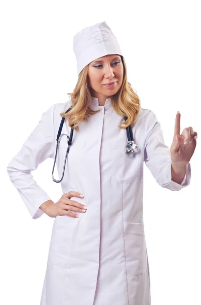 Атракціонна жінка-лікар ізольована на білому — стокове фото