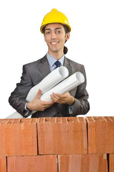 Businessman with bricks on white — Zdjęcie stockowe
