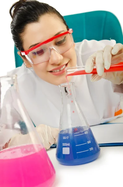 Química femenina en estudio sobre blanco —  Fotos de Stock