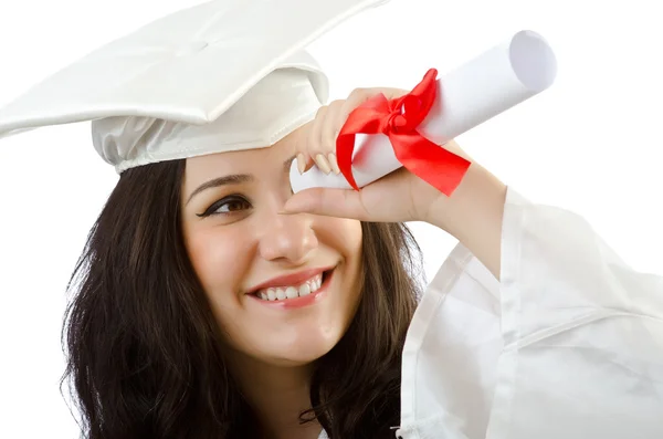 Heureux étudiant célébrant la graduation sur blanc — Photo
