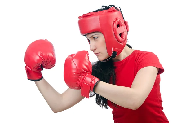Beyaz arkaplanda kadın boksör — Stok fotoğraf