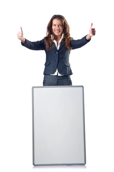 Businesswoman with blank board on white — Stock Photo, Image