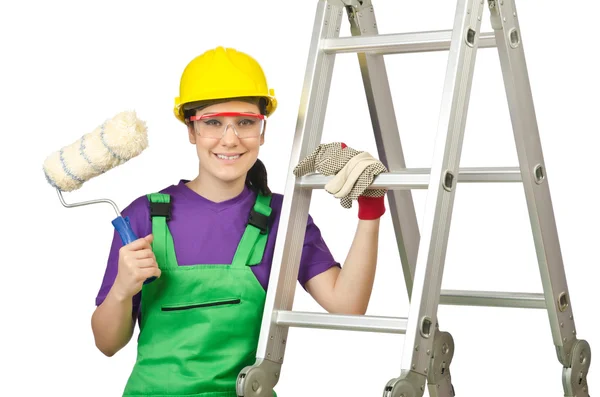 Kvinna arbetare med stege på vit — Stockfoto