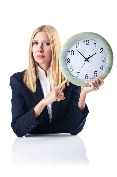 Geschäftsfrau mit Uhr isoliert auf weiß — Stockfoto