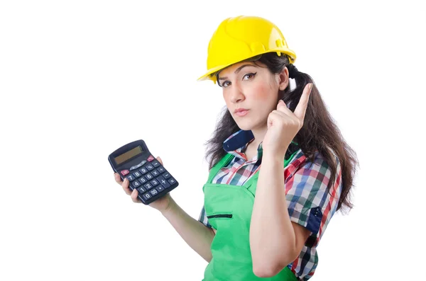 Mulher construtor com calculadora em branco — Fotografia de Stock