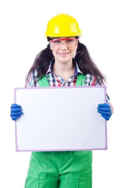 Woman builder with blank board — Stock Photo, Image