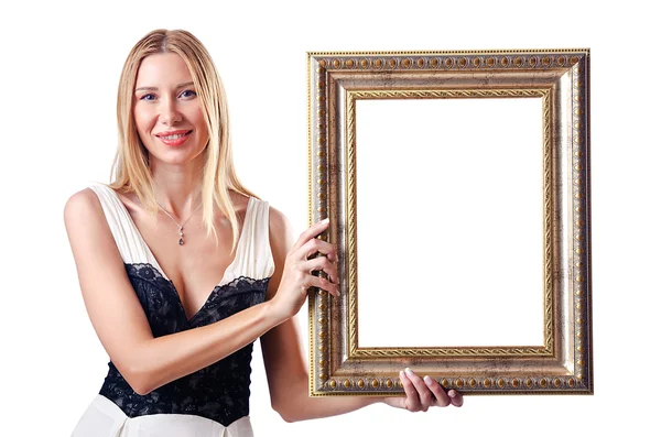 Mujer joven con marco de imagen en blanco — Foto de Stock