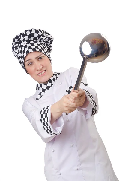 Женщина готовит с ковш на белом — стоковое фото
