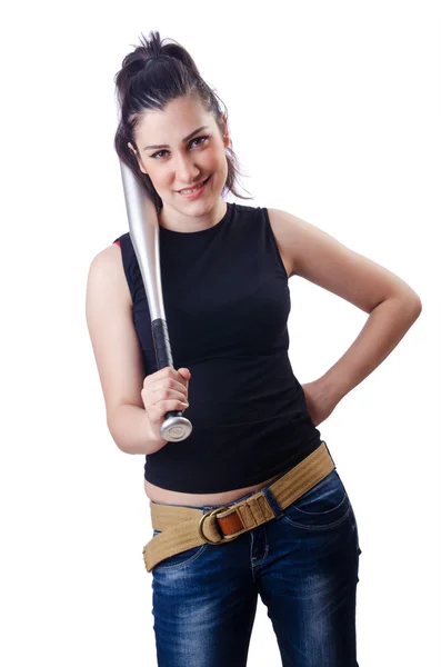 Kvinna kriminell med bat på vit — Stockfoto