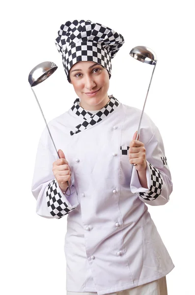 Kobieta gotować z chochlą na białym — Zdjęcie stockowe