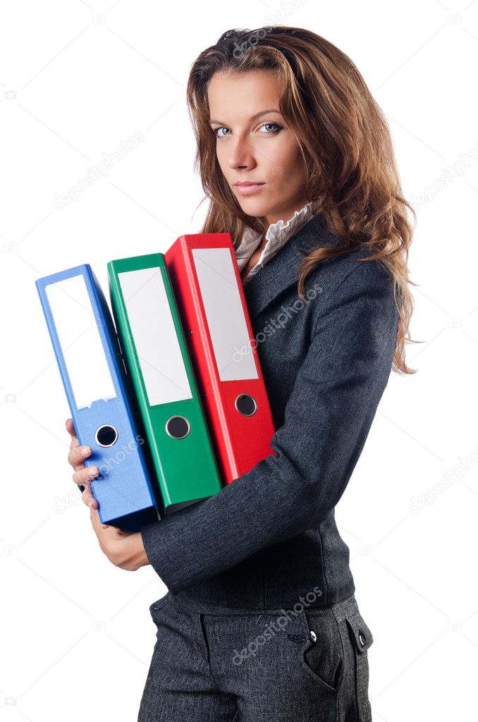 Busineswoman with folders on white