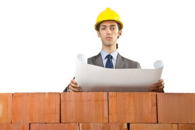 Businessman with bricks on white